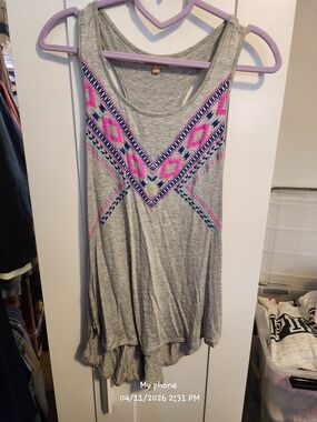 Takara Gray Tank Top with Pink & Teal Embroidery